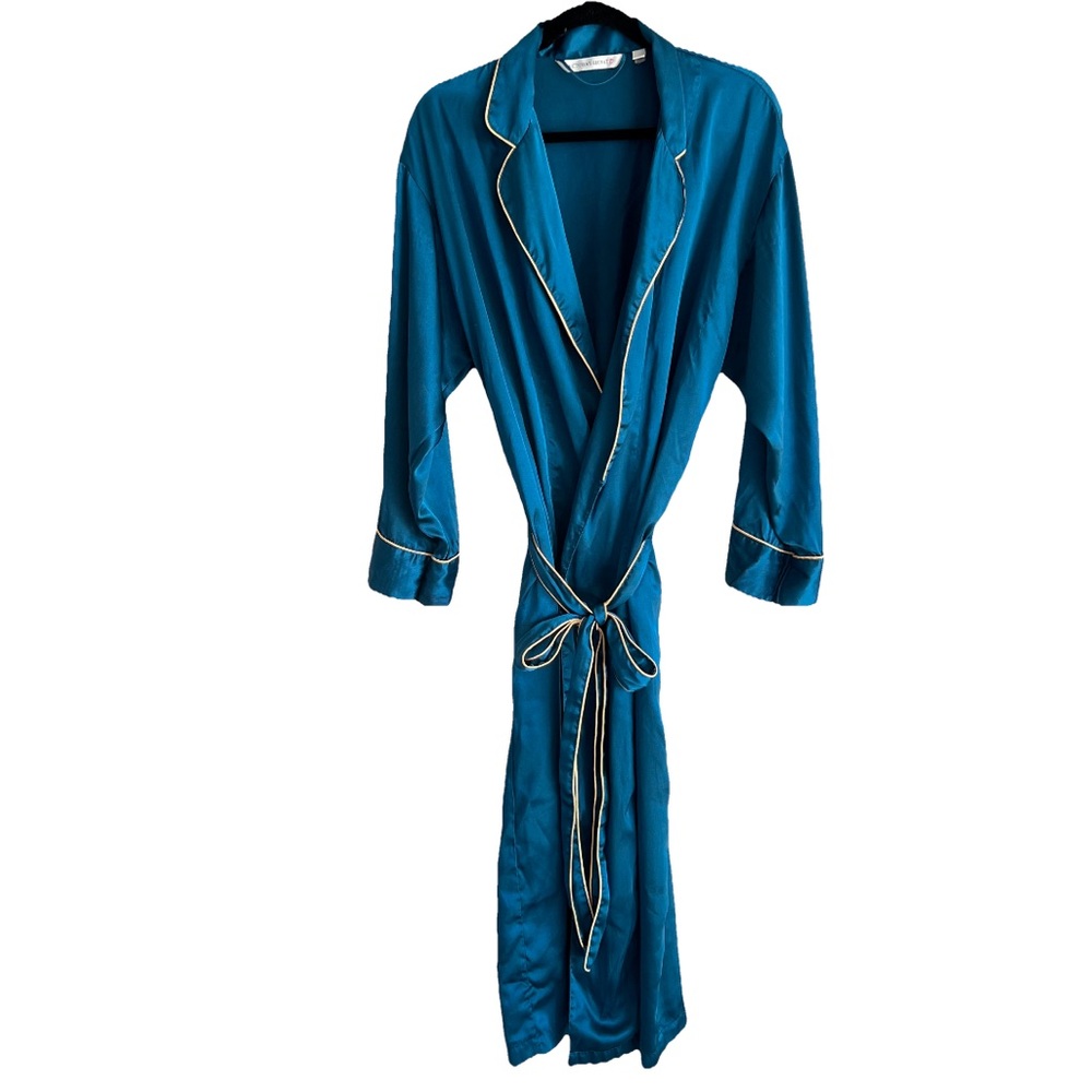 Victoria's Secret Teal Blue Satin Robe Medium Long Sleeve Full Length Vintage